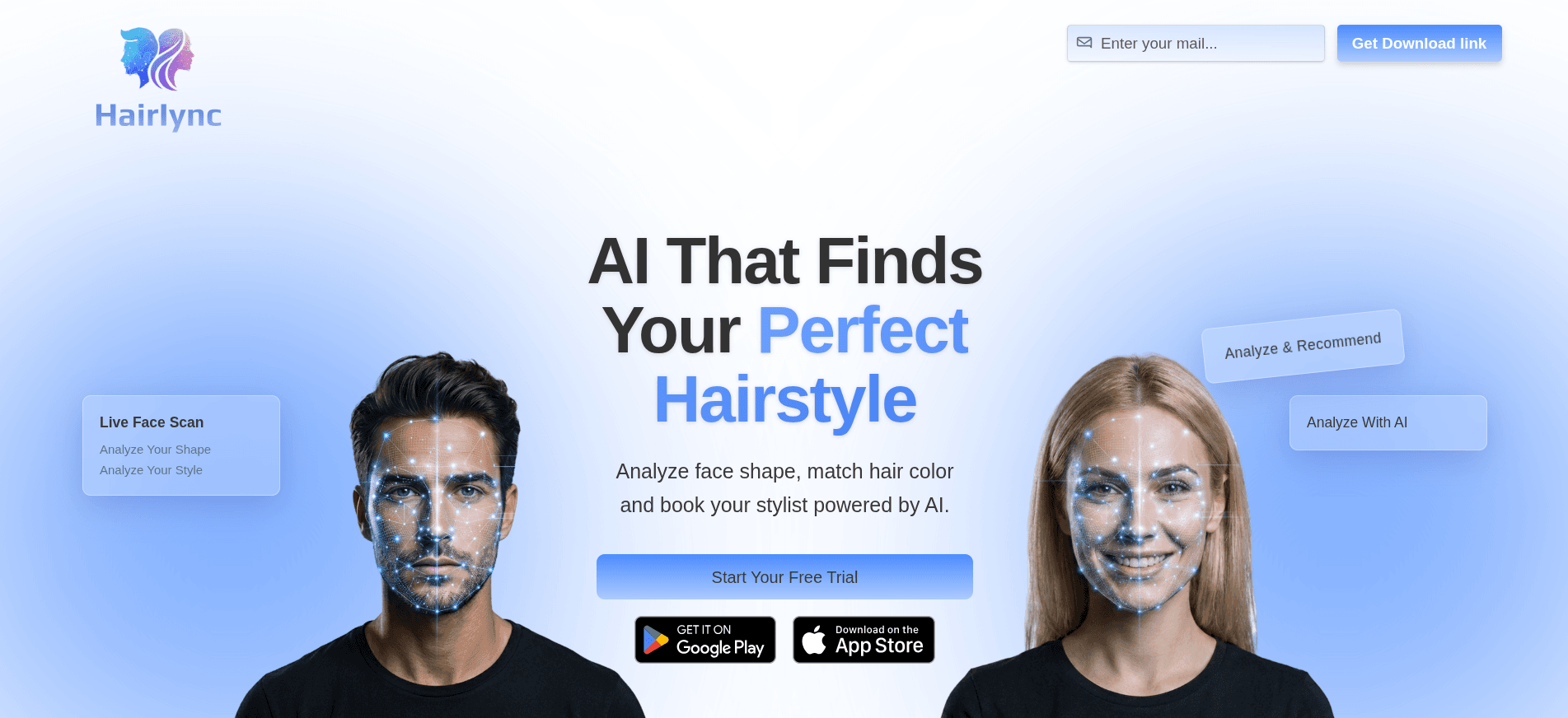 HairLync marketing site: an AI hairstyle-analysis hero with app store links