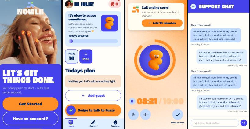 Four Nowlii mobile screens: onboarding, daily plan, a timed quest session, and support chat
