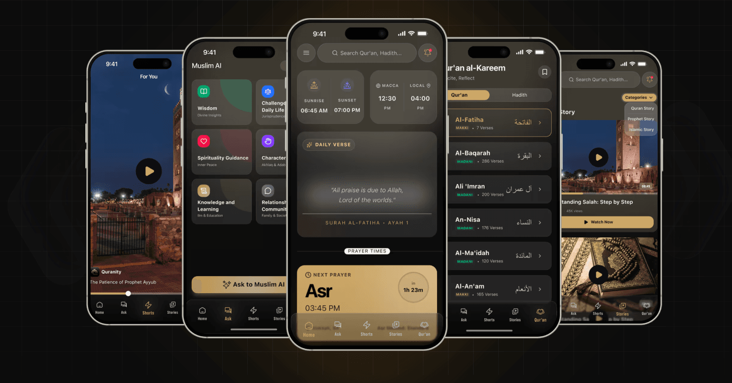 Five Quranity mobile screens: shorts, guidance topics, prayer times, Qur'an index, and video library